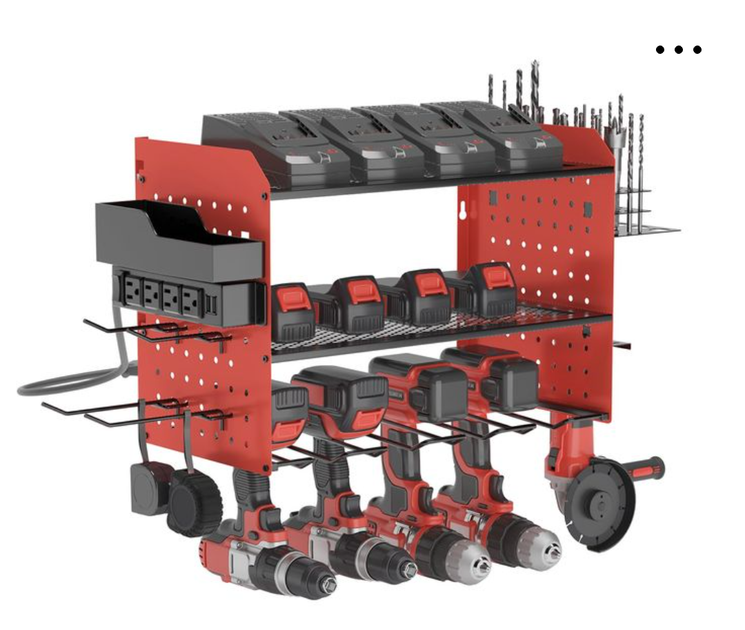 Solatmos Power Tool Organizer Charging Station With Light Angle Grinder Holder, Heavy Duty 3 Layer Drill Holder,1 Screw Boxes,4 Hooks,Tool Battery Holder Built in 4 Outlet Power Strip (red)