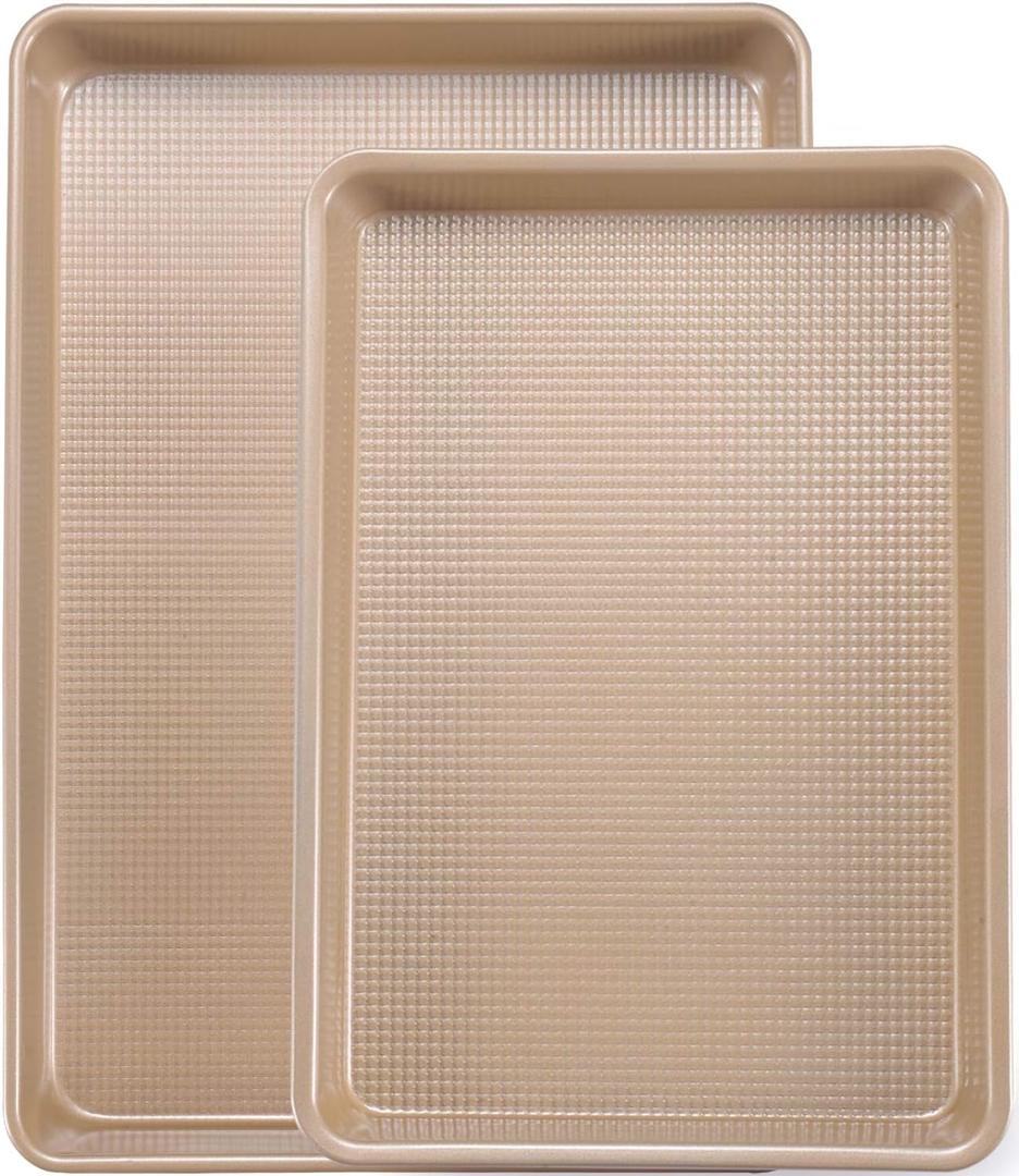 JOHO BAKING Cookie Sheets for Baking Nonstick, 2 Pack Heavy Duty 0.8mm Baking Sheet Pan Set Quarter(9x13in) & Jelly Roll(10x15in) with Diamond Texture, Gold Commercial Grade, Small Oven Safe