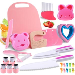 30PCS Kids Knife Set, Kitchen Cutting Kit for Kids Party Favor Toys Plastic Knives with Cutting Board Crinkle Cutters Safe Knives Tools for Girls Boys Halloween Christmas Holiday Birthday Gift