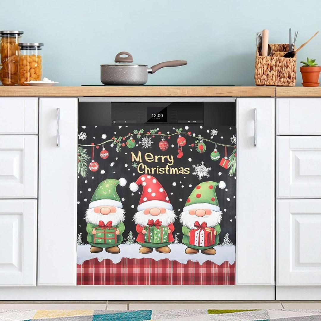 Three Cute Gnomes Magnetic Sticker Dishwasher Door Cover Kitchen Cabinet Panels, Fridge Magnet, Home Appliances Decor Decals 23" W x 26" H