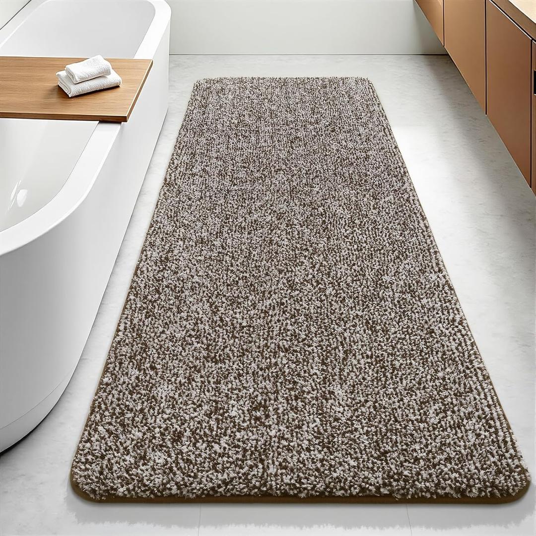 Bathroom Runner Rug 24x70 Inch, Soft Absorbent Long Bathroom Rug for Shower Floor, Non Slip Washable Bath Rugs, Plush Thick Microfiber Large Bath Mat for Tub Double Sink Vanity, Brown White