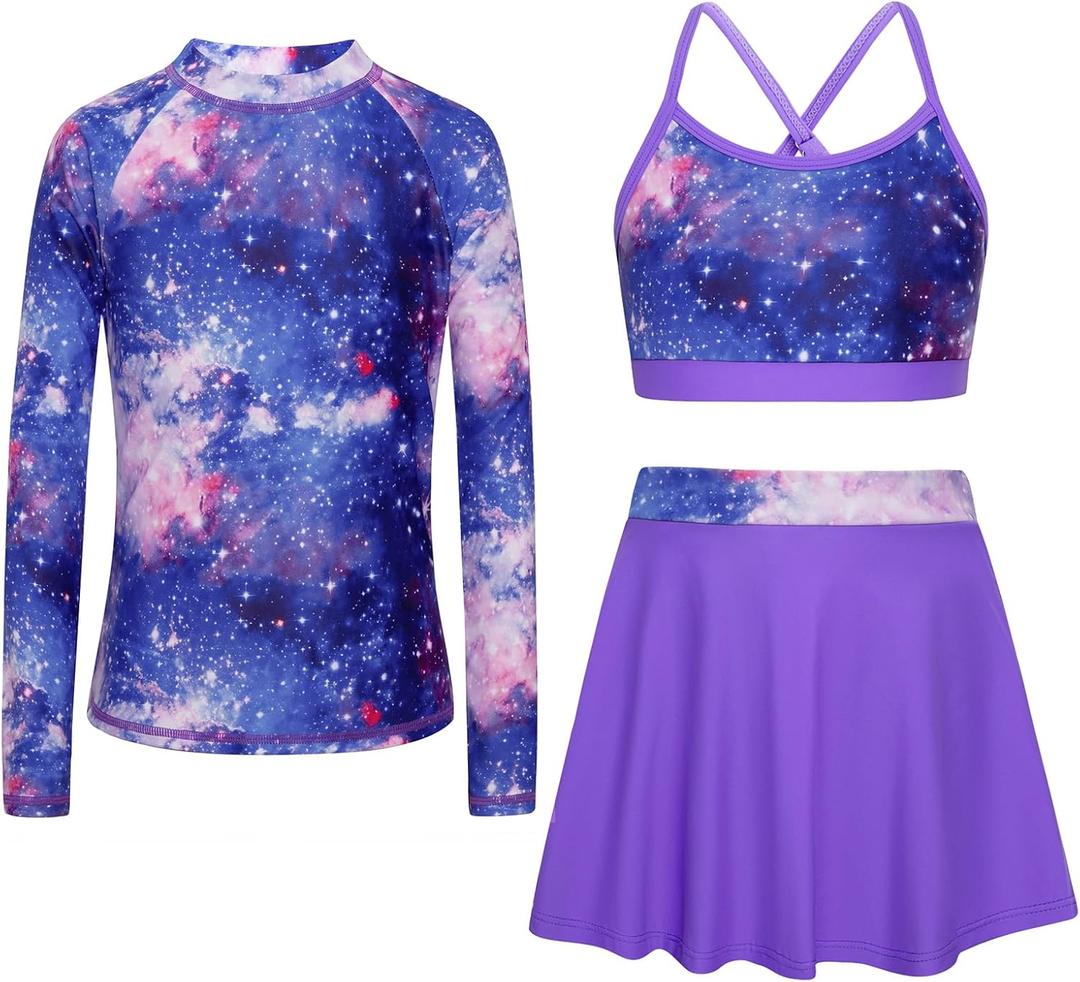 Girls Swimsuit Long Sleeve Swim Shirt 3 Piece Rash Guard for Girls Bathing Suit with Boyshorts (12 Years, Purple Starry Sky)