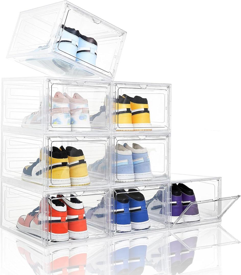 Attelite Clear Shoe Box, Plastic Stackable Shoe Storage Organizer with Magnetic Door,8 Pack Thicken Sturdy Drop Front Shoe Box,For Display Sneakers X Large