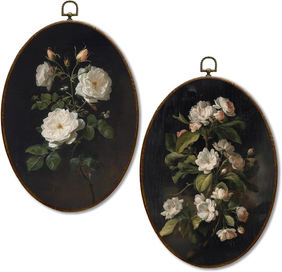 JQF Vintage White Floral Oval Wall Decor, Dark Academia Floral Oval Canvas Wall Art, Moody Cottagecore Flower Botanical Framed Prints Hanging Decor for Home Bedroom Living Room, 8.5x11.5 Inch