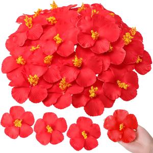 Hotop 24 Pcs Artificial Hibiscus Flowers Red Hawaiian Fake Flowers Faux Tropical Hibiscus Decoration for Luau Summer Party Decor DIY Crafts Cake Favors Supplies Table Centerpieces