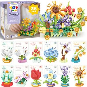 TOY Life 36 Pack Party Favors for Kids, Tiny Plants Mini Flowers Building Blocks Set for Classroom Prize, Flowers Botanical Succulents Building Toy with Gift Cards, Birthday Gifts for Boys Girls 6+