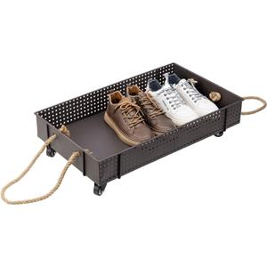 MyGift 26 Inch Industrial Brown Metal Entryway Boot Tray with Wheels and Decorative Rope Handles, Under Bed Storage Shoe Container Cart