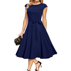 DRESSTELLS Women's Cocktail Dresses, Formal Wedding Guest Modest Church Vintage Tea Party Midi Evening Dress (Large, Navy)