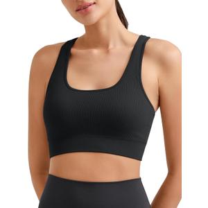 Promover Padded Sports Bras for Women Y-Back Racerback Seamless Medium Supportive Ribbed Yoga Cami Bra (Black, L)