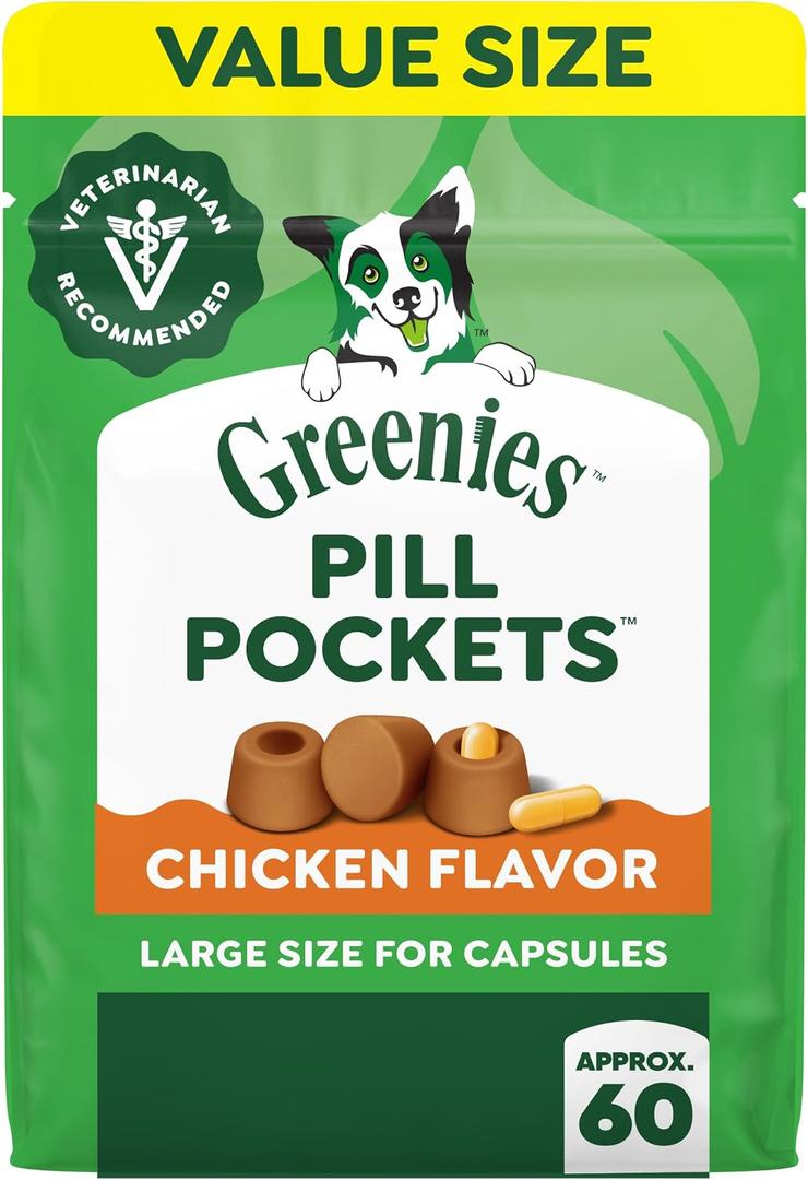 Greenies Pill Pockets for Dogs, Large Size, Dog Treat Pouch for Capsule Medication, Chicken Flavor, 15.8 oz. Pouch (EXP 07/27/29)