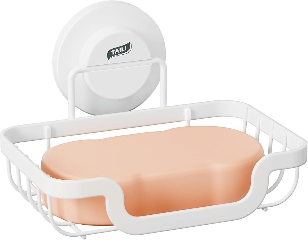 TAILI Soap Holder Bar Dish Suction Cup, Bar Shampoo Rack for Shower Wall, Draining Soap Saver Tray for Bathroom, Rustproof Stainless Steel Sponge Holder for Tub, Kitchen, Drill-Free, White (1 Tier)