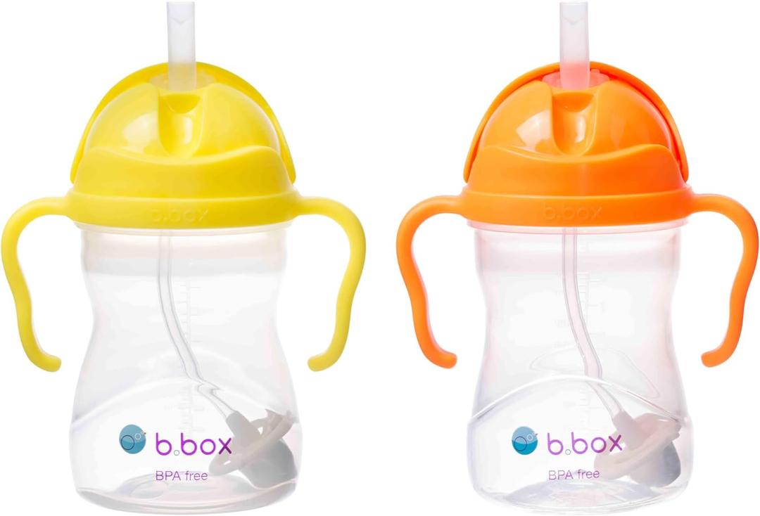 b.box Sippy Cup with Weighted Straw (2-Pack). Leak Proof, Easy Grip. BPA Free & Dishwasher Safe. Ideal for Babies 6m+ to Toddlers (lemon + orange zing, 8oz)