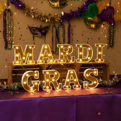 9Pcs Mardi Gras Light Up Letters, Mardi Gras LED Letters Lights, Battery Powered Marquee Light with Golden Mirror Surface for Mardi Gras Table Decorations Party - Mardi Gras Party Decor Table Centerpieces Wall Sign