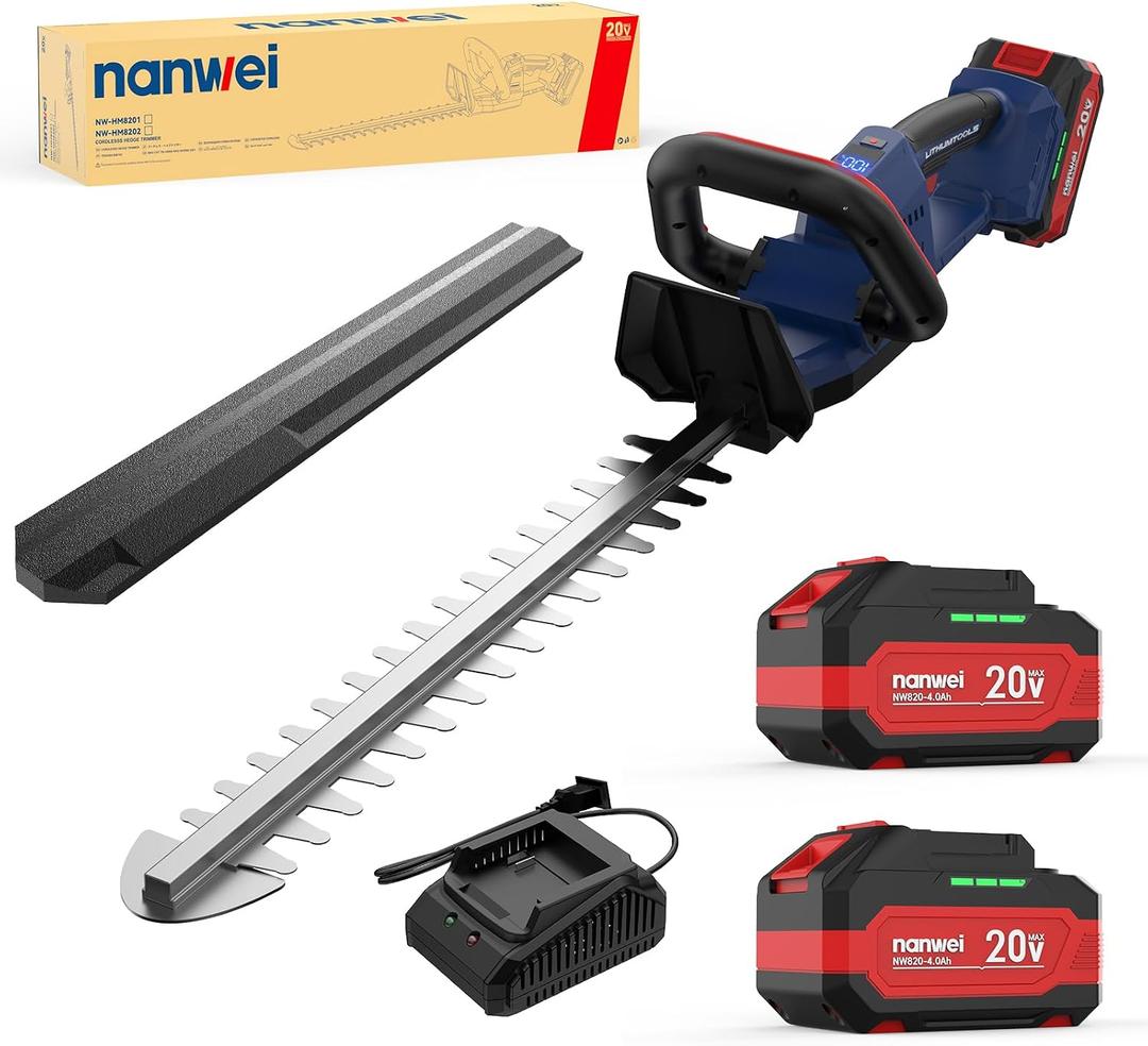 NANWEI 20V Cordless Hedge Trimmer, 2x4.0Ah Batteries & Charger, Brushless Motor, 20-Inch Dual-Action Blade, 3/4-Inch Cut Capacity, 2-Speed Lightweight Hedge Cutter Pruning Shears for Garden Yard