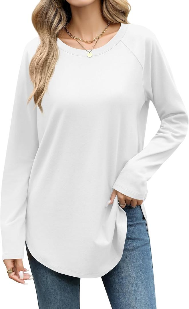Laughido Women's Casual Raglan Long Sleeve Tunic Round Neck Curved Hem Loose Fit 2025 Basic Long Sweatshirt (Medium, White)