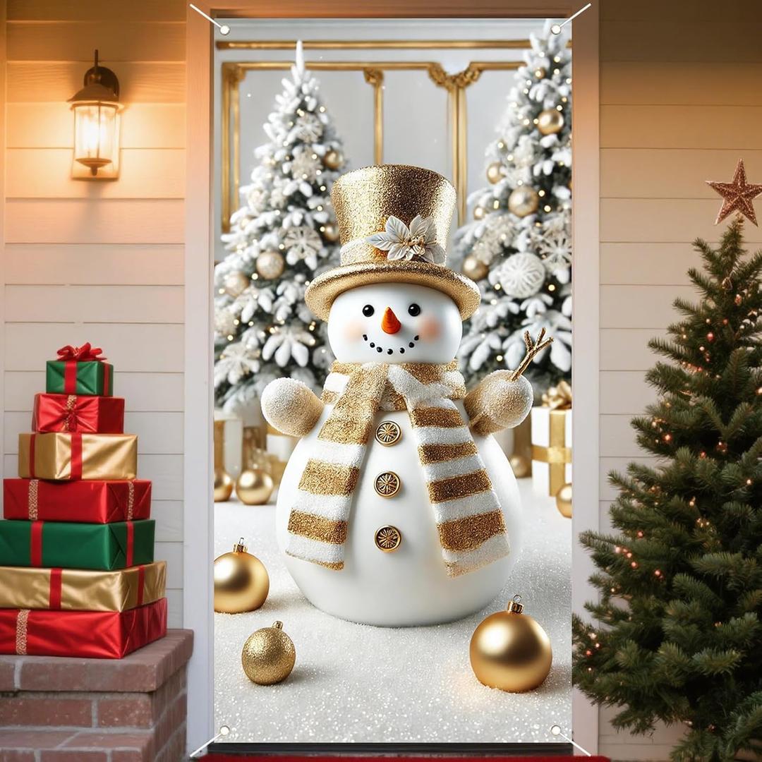 Nuxovilar Christmas Door Cover Banners for Front Door Decorations Festive Gilded Snowman Winter Holiday Decor for Home Indoor Outdoor 35"x71" (CC00513)