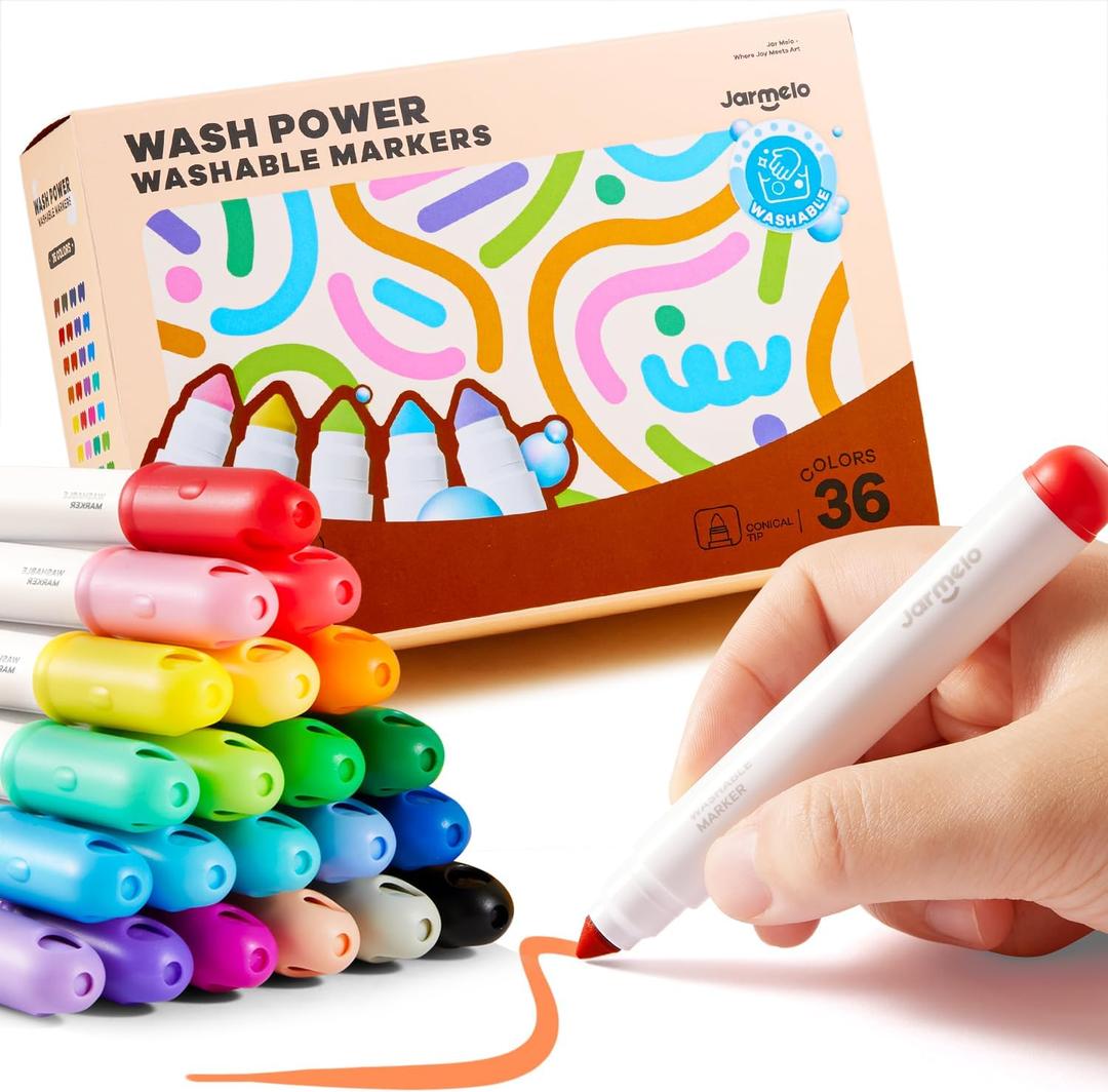 Jar Melo Washable Markers for Kids Toddlers, Coloring Supplies, 36 Colors | Ultra Washable, Non-Toxic, Water Based, Vibrant Color, Thick Barrel, Preschool Gift