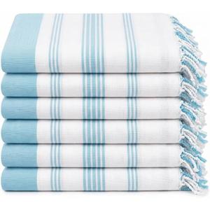 Turkish Beach Towels Set of 6, Large 36" x 71" Towel Set Aqua & White