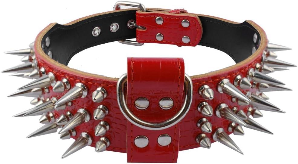 PET ARTIST 2" Wide Luxury Sharp Spiked Dog Collar, Durable Anti-Biting PU Leather Dog Collar for Medium Dogs, Red, M, Neck for 17-20"