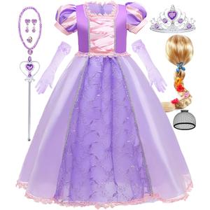 Purple Princess Costume for Girls Kids Dress up Outfit with Wig Halloween Birthday Party (3-4 Years)