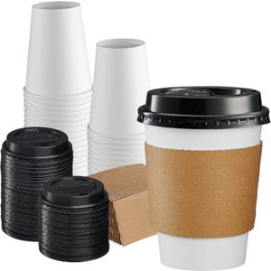 GUSTO [12 oz. - 50 Sets Disposable Coffee Cups with Lids and sleeves - To Go Paper Hot Cups for Travel and Office Use - Formerly Comfy Package