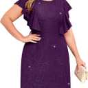 ZOMVA Plus Size Sparkly Shift Dress Wing Ruffle Sleeve Round Neck Short Glitter Dresses Wedding Guest Cocktail Party, Dark Purple, Size: Large Plus