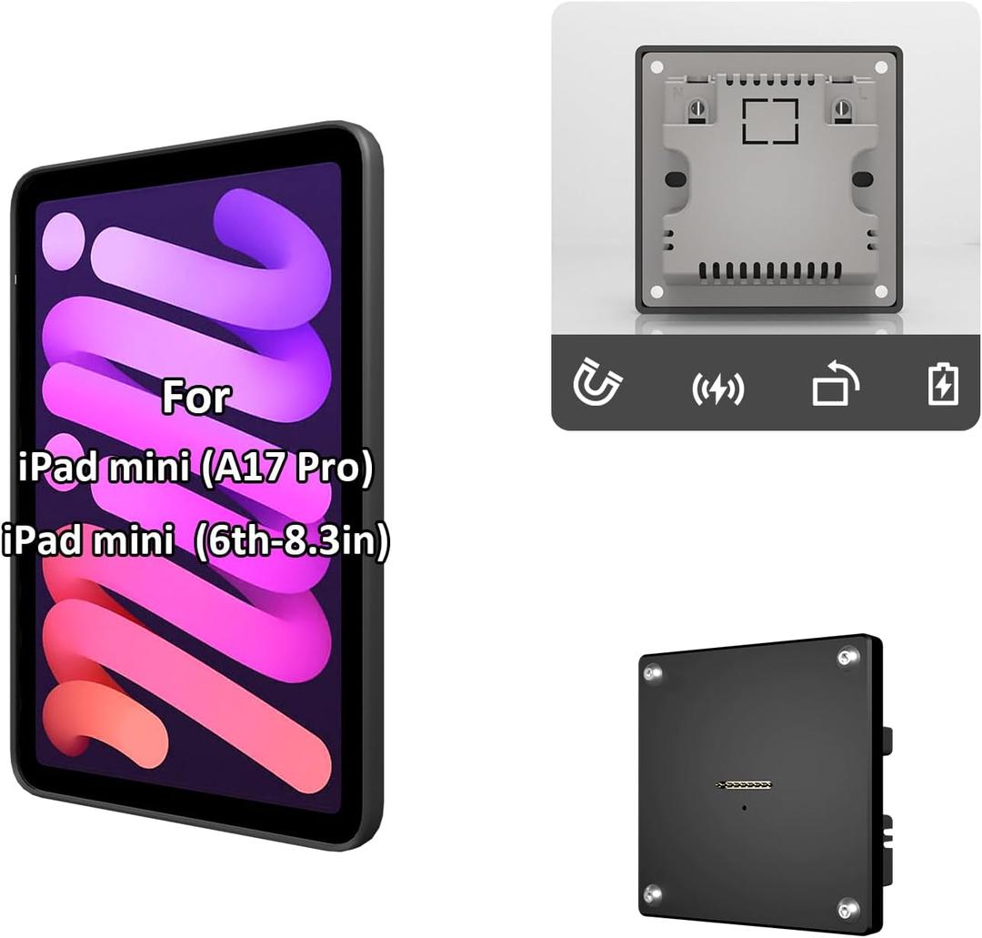 Wall Mount Magnetic Kit for Apple iPad mini 6 & iPad mini(A17 Pro) 8.3-in– 15W Fast Charge Magnetic Tablet Wall Mount with 360° Rotation, TPU Case, Smart Home Display
