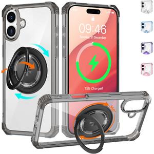 Clear Case for iPhone 16 Case with Magnetic 360 Rotatable Ring Stand [ Compatible with MagSafe ], Heavy Duty Military Grade Cover with Ring Kickstand for Women Men, Transparent Black