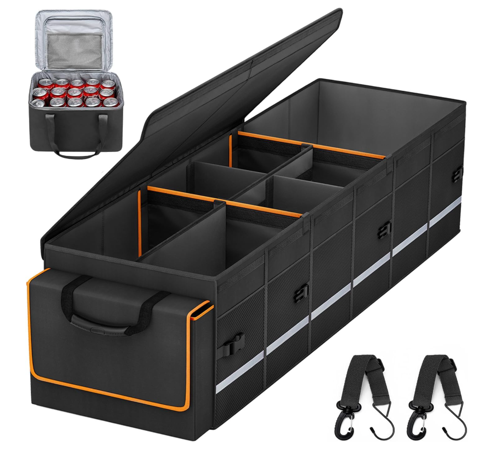 Car Trunk Organizer and Storage with Lid & Removable Leakproof Cooler Bag, Car Accessories 6 Removable Dividers for Custom Space, Collapsible Large Trunk Organizers Interior for SUV Sendan with Cover