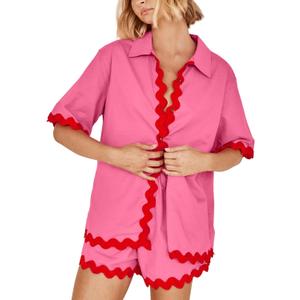 WOWULOVELY Women's 2024 Summer 2 Piece Vacation Outfits Casual Short Sleeve Shirt High Waist Shorts Set Tracksuit (Large, Hot Pink)
