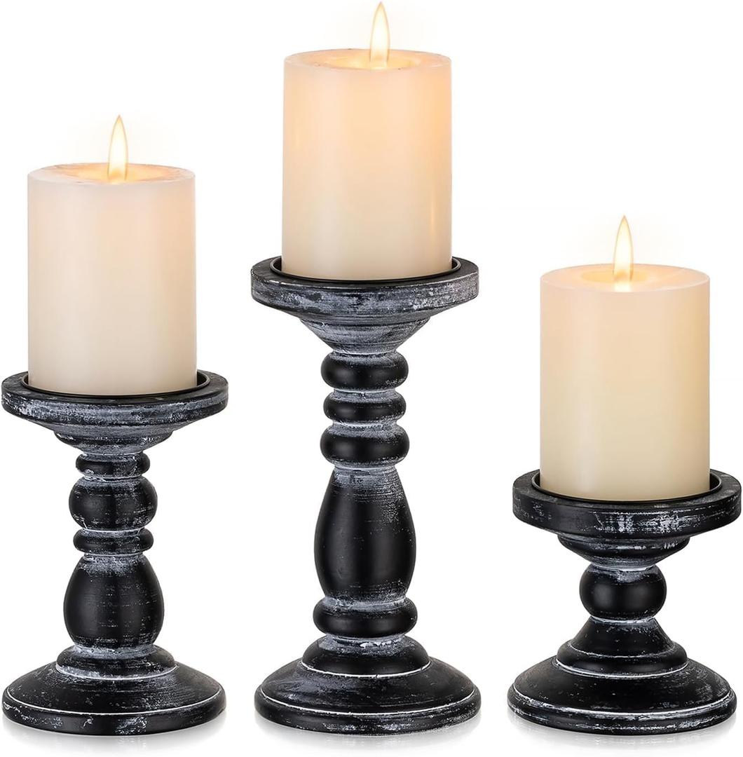 Wood Pillar Candle Holder: 3Pcs Rustic Black Candle Holders for Pillar Candles Wood Candle Holders Distressed Wooden Farmhouse Candle Holder Large Rustic Candle Holder for Fireplace Table (3.94", 5.9", 7.87")