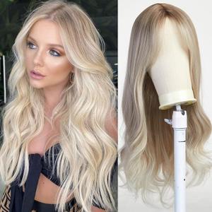 Esmee Long Curly Blonde Wig for Women Synthetic Hair with Bangs Wave Wigs with Dark Roots Daily Cosplay High Density Heat Resistant Use-26Inches