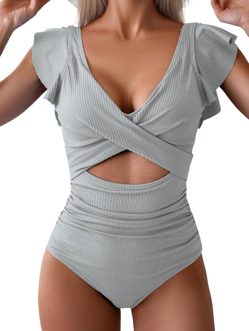 B2prity Women's One Piece Swimsuit Ruffle Cutout Bathing Suits Slimming Tummy Control V Neck Wrap Swimwear (Medium, Gray Blue Ribbed)