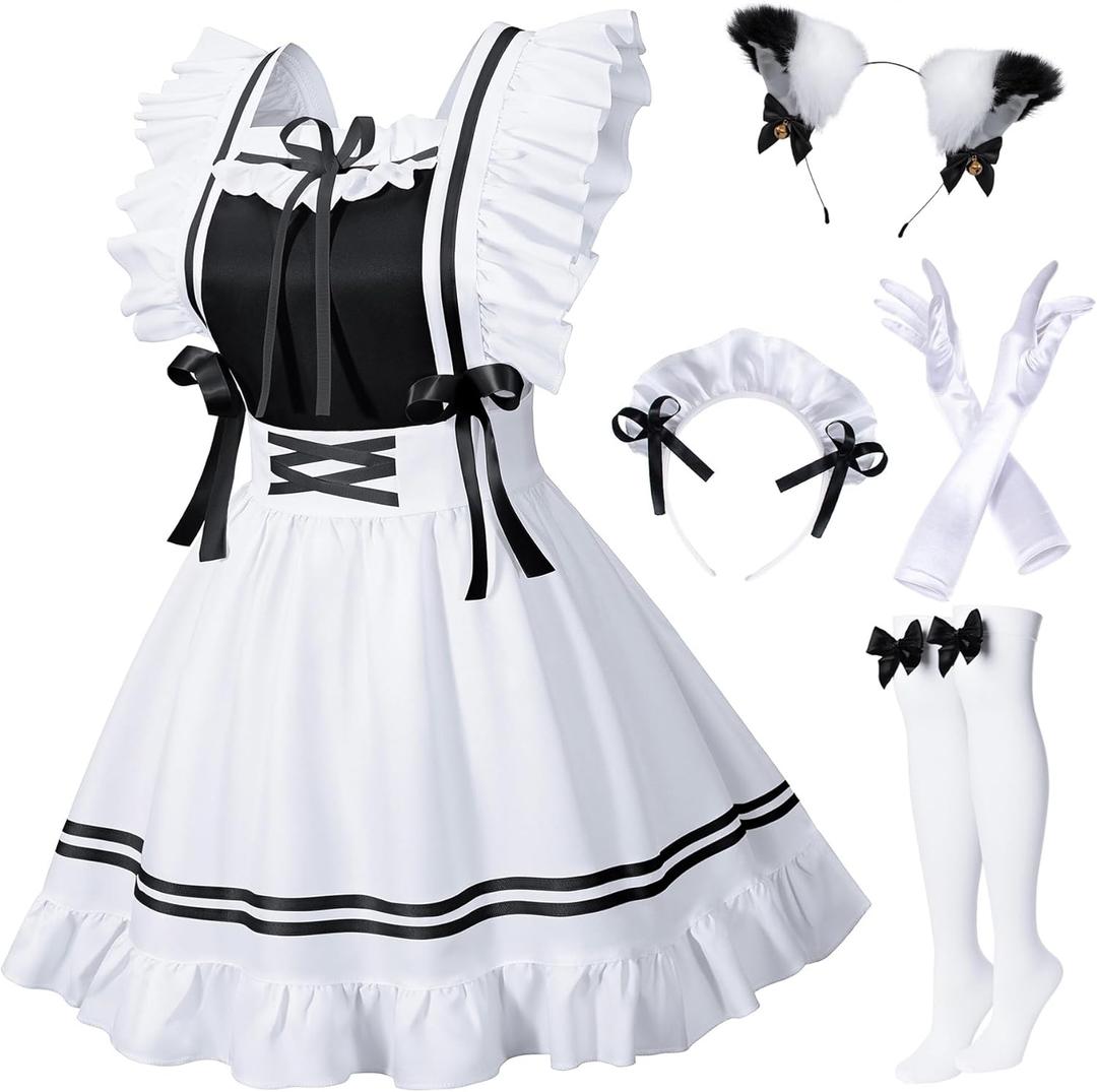 Classic French Maid Costume Apron Fancy Dress Cosplay Outfit Headwear Gloves Socks Set (Medium (Fit height: 65.4-68.9"), Black)
