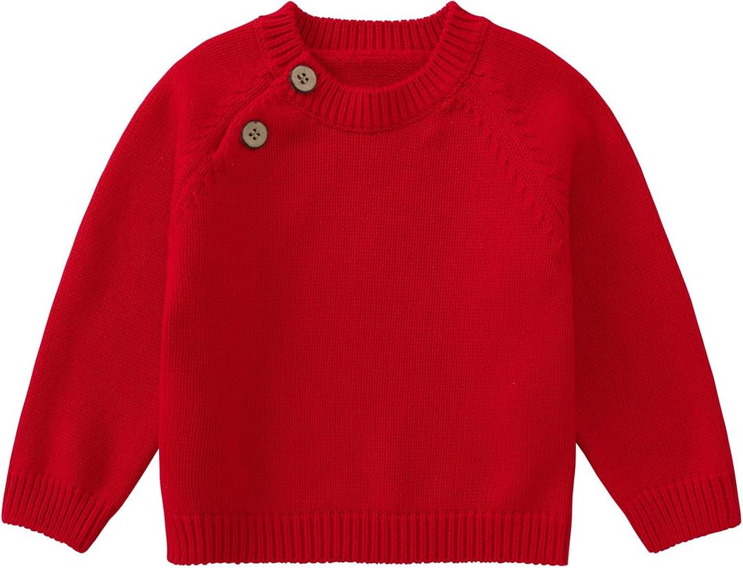 pureborn Baby Toddler Boys Girls Pullover Sweater Cotton Knit Button Closure Sweaters (18-24 Months, Solid Red #2)