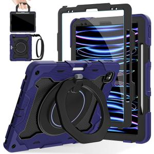 ROISKIN for iPad Pro 12.9 -Inch Case (6th, 5th, 4th & 3rd Gen)with HD Screen Protector, 360 Stand, Handle, Pencil Holder, Shoulder Strap[15ft Drop Protection]Rugged Bulky Full Body 12.9 iPad Pro Case (Ring Stand-Navy Blue)