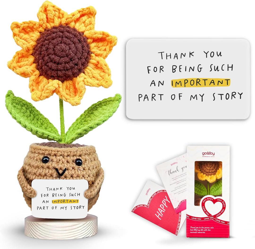 3 x Gossby Handmade Positive Sunflower Doll Crochet Plant - Appreciation Thank You for Being an Important Part Gift for Coworker, Sister Friend, Teacher - Mothers Day, Christmas, Birthday Gift Women, Men