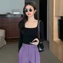 OQQ Women's 2 Piece Bodysuits Sexy Ribbed One Piece Square Neck Long Sleeve Tops (S)