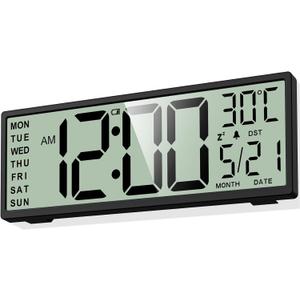 XREXS 14.5" Digital Wall Clock Battery Operated with Big Digits LCD Screen Display, Large Display Timer with Temperature Date Week Auto DST, Alarm Clock for Classroom, Livingroom, Office