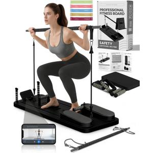 AMAZINGHOME Pro Foldable Pilates Board & Reformer Machine - Multifunctional Home Gym with Ergonomic Elbow Pads, Yoga Bar & Timer, 300lbs Capacity Core Workout Pilates Equipment (Black)
