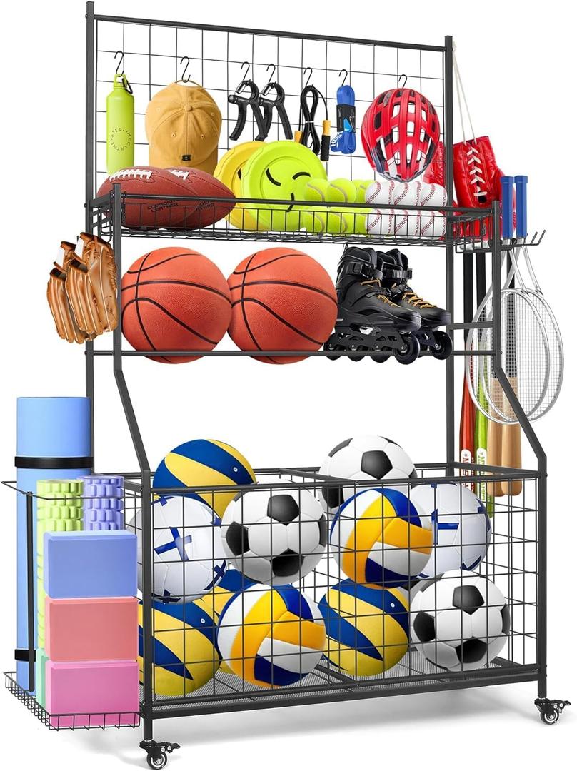 Sports Equipment Organizer,Garage Ball Storage Rack with Basketball Rack with Hooks and Rolling Wheels Cart (BLACK)
