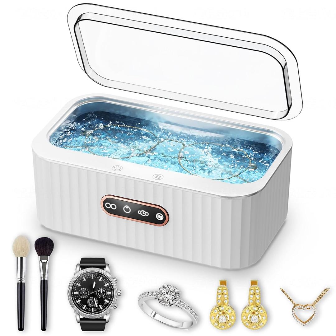 Ultrasonic Jewelry Cleaner, Ultra Sonic Cleaning Machine with 48KHz 4 Modes 400ml 304 Stainless Steel Tank for Glasses Ring Necklace Watch Strap Denture Retainer,Home and Travel Use Gift for Women Men