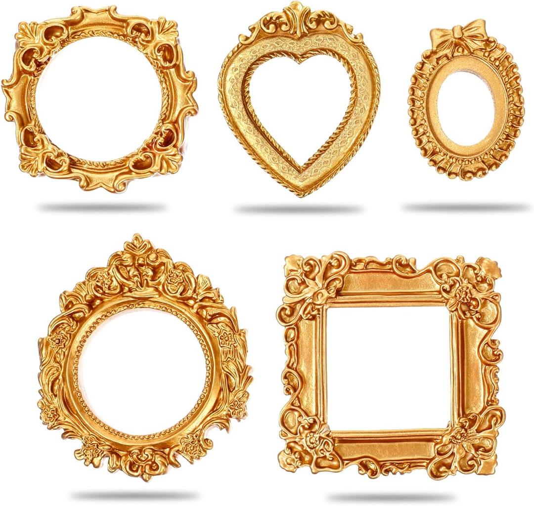 Mini Gold Frames 5 PCS Miniature Picture Frame Ornaments Table Top Jewelry Display Oval Rectangle Gothic Mini Vintage Picture Frames Photography Holder for DIY Photo Home Decor