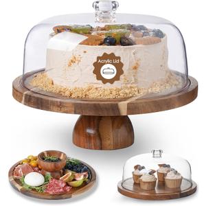 HouseJoy Acacia Wood Cake Stand with Lid-Extra Large Cake Holder,2-in-1 Dessert Table Display Set & Charcuterie Board,Acrylic Cake Dome Cover for Cheese/Veggie/Desert /Chips & Dip