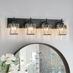 Black Crystal Bathroom Vanity Lights, Modern 4-Lights Bathroom Lighting Fixtures Over Mirror, Crystal Wall Lighting with Round Shade