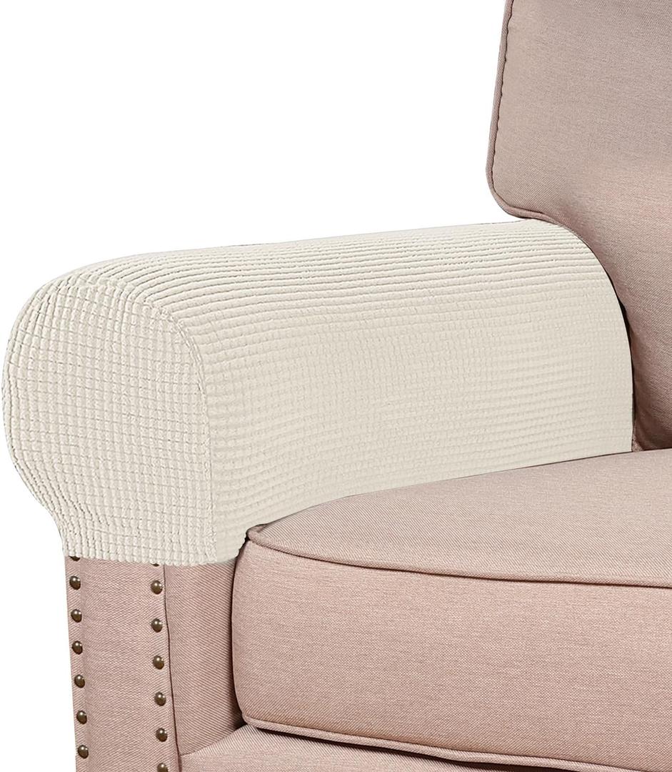 Turquoize Stretch Armrest Covers for Chairs and Sofas Couch Arm Covers for Sofa Spandex Jacquard Armrest Cover Anti-Slip Furniture Protector Armchair Slipcovers for Recliner Set of 2, Cream