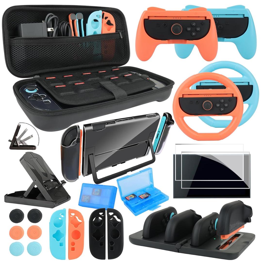 Switch 2 Accessories Bundle for Nintendo Switch 2, 23-in-1 Game Kit: Carrying Case, Charging Dock, Screen Protectors, Steering Wheels, Grips for Joycon, Dockable Console Protective Cover Case