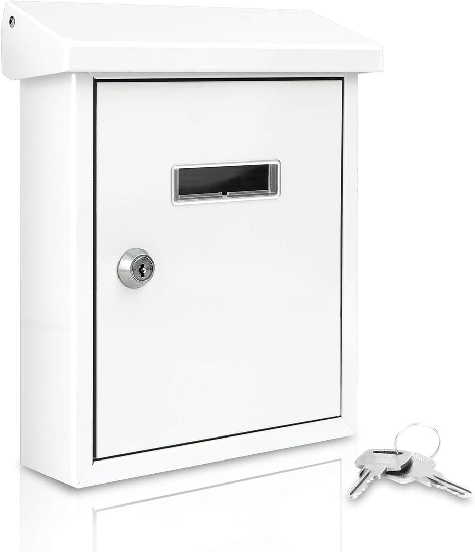 SereneLife Weatherproof Wall Mount Mailbox-Outdoor Galvanized Metal Key Large Capacity, Commercial Rural Home Decorative & Office Business Parcel Box Package Drop Slot Secure Lock, White