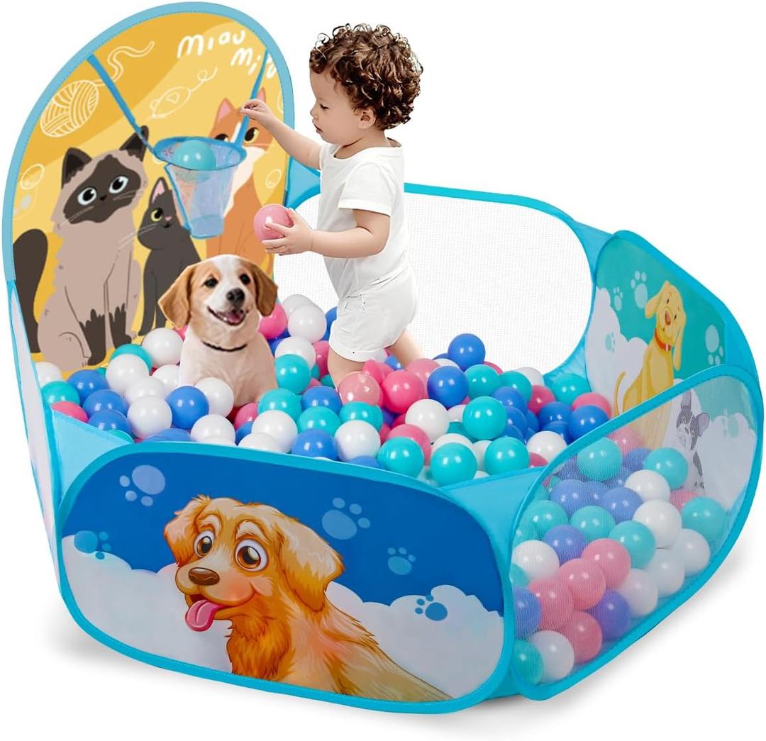 ZimiTeda Cat & Dog Kids Ball Pit for Toddler with Basketball Hoop Foldable Pop-Up Baby Ball Pool for Girls Boys Indoor & Outdoor Game 47.24"/120cm Wide Plyahouse Tent (Balls NOT Included)