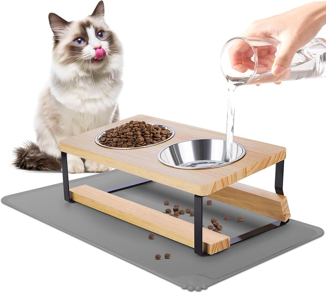 Elevated Cat Bowls with Food Mat, 15 Tilted Anti Vomiting Raised Cat Feeder for Indoor Cats and Puppy, 2 Stainless Steel Bowls for Food and Water
